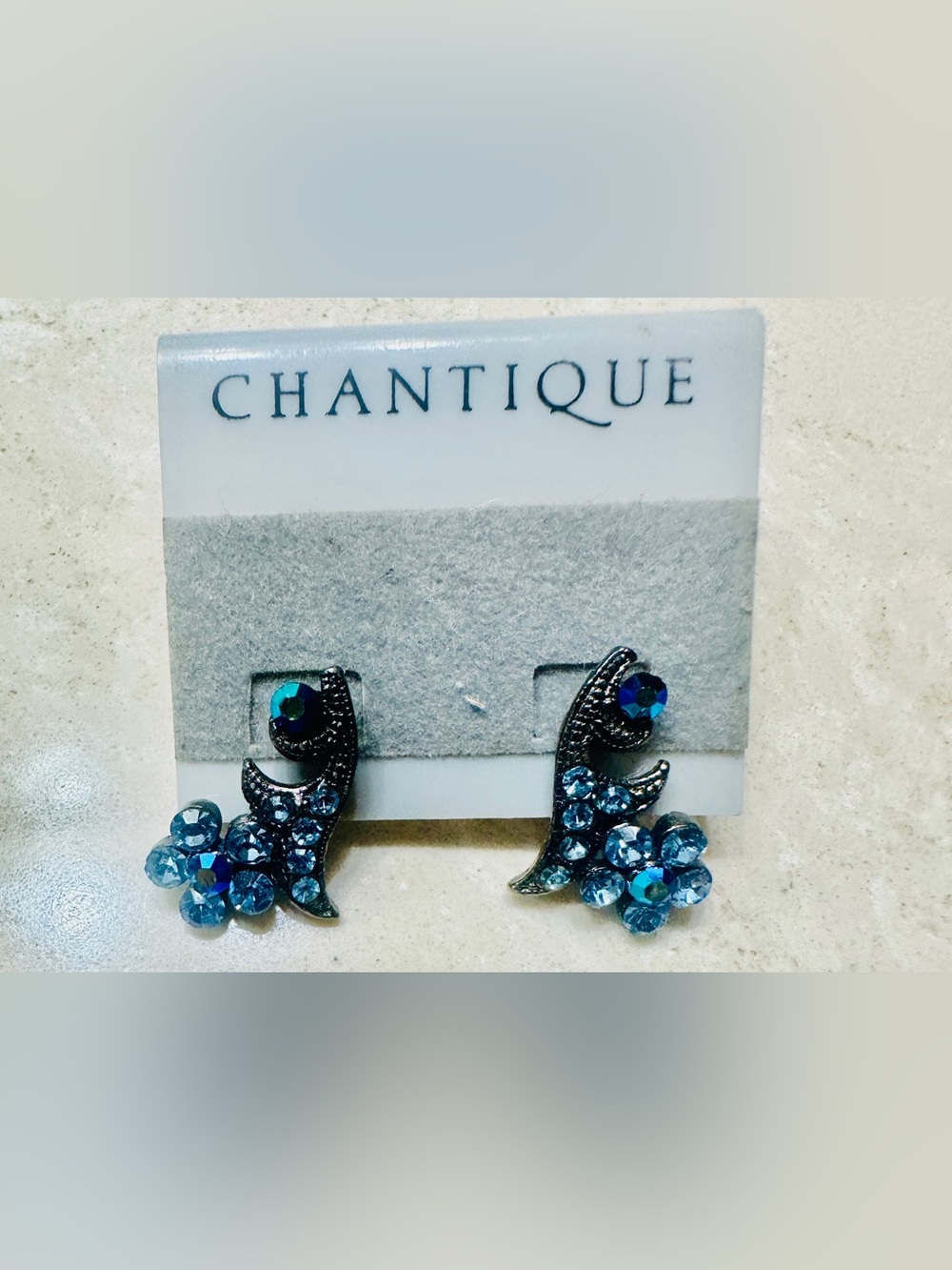 Chantique Pierced Earrings Antique Pale Blue Crystal Floral with Teal Accents